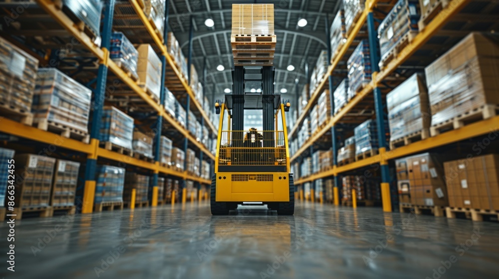 Fototapeta premium A yellow fortlift carries pallets in a large warehouse, wide angle