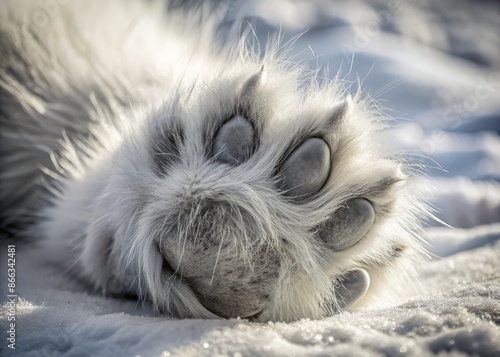 Close-up of Arctic fox's paw pad, showcasing thick, white fur insulation, with individual hairs visible, against a soft, snowy background, in monochrome tones.