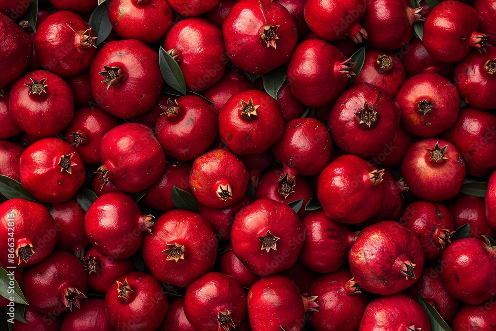 Fresh Red Pomegranates In Natural Light with Leafy Green Background for Holiday Season, Perfect for Juicing, Healthy Eating, and Festive Decorations Fresh Red Pomegranates In Natural Light with Leafy Green Background for Holiday Season, Perfect for Juicing, Healthy Eating, and Festive Decorations