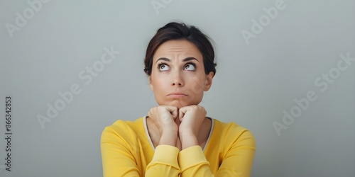 Anxious sad distressed woman feeling worried uneasy and suspicious. Concept - Anxious feelings.- Sad emotions.- Distressed woman.- Worried thoughts.- Uneasiness and suspicion photo