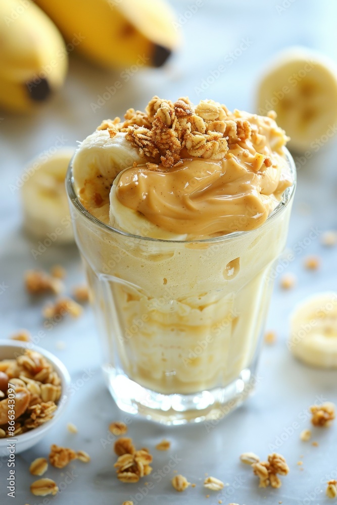 Banana Peanut Butter Smoothie: A creamy smoothie, swirled with peanut butter and topped with banana slices and a sprinkle of granola. Banana Peanut Butter Smoothie: A creamy smoothie, swirled with peanut butter and topped with banana slices and a sprinkle of granola.