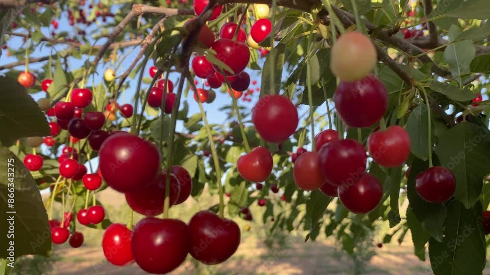 Cherry orchard during summertime, adorned with trees abundantly laden with ripe cherries Cherry orchard during summertime, adorned with trees abundantly laden with ripe cherries