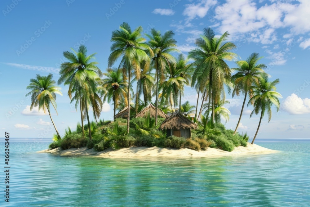 Tranquil tropical island paradise with lush palm trees Tranquil tropical island paradise with lush palm trees
