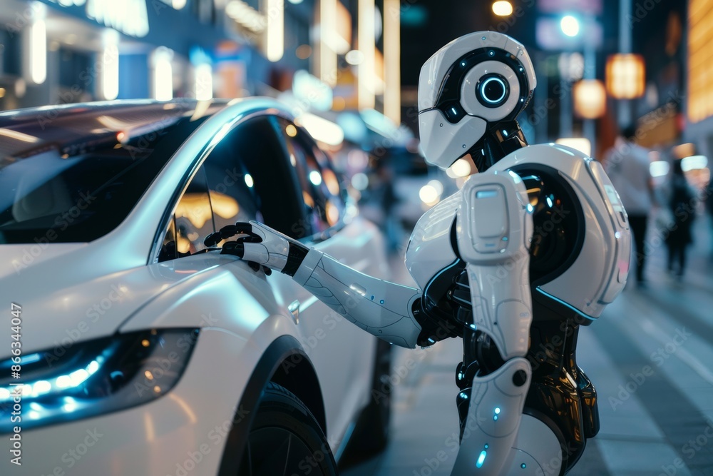 futurist scene of robot with artificial intelligence taking a electric car cab. integration of AI technology into everyday life futurist scene of robot with artificial intelligence taking a electric car cab. integration of AI technology into everyday life