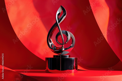 Shiny treble clef award standing on a red stage, celebrating musical excellence and achievement