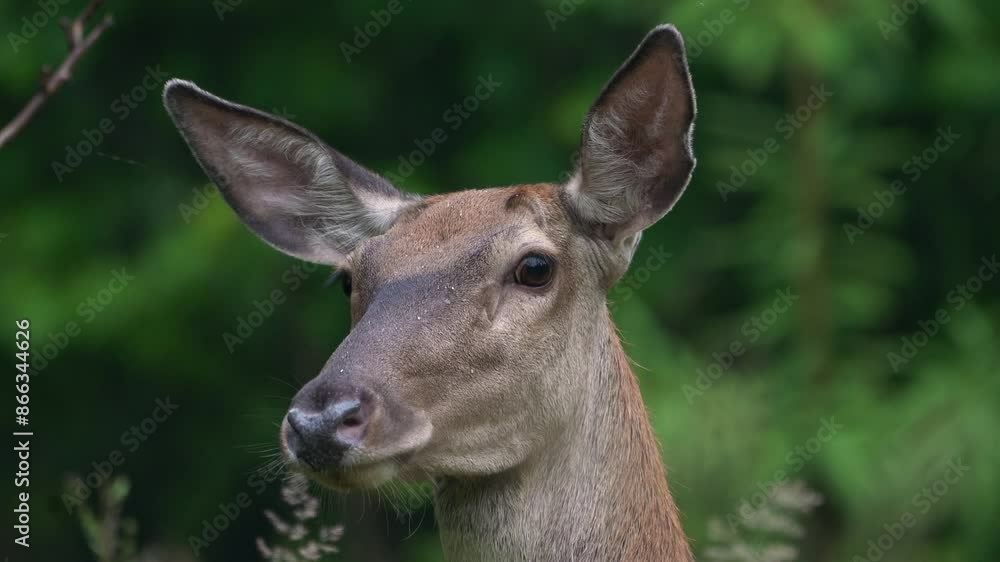 Reed deer doe licks salt in the forest. Reed deer doe licks salt in the forest.