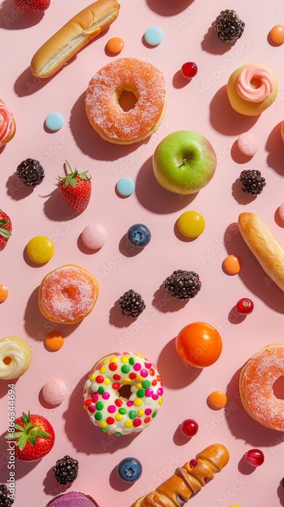 A flat lay photo of assorted sweets, fruits, and candies on a pink background A flat lay photo of assorted sweets, fruits, and candies on a pink background