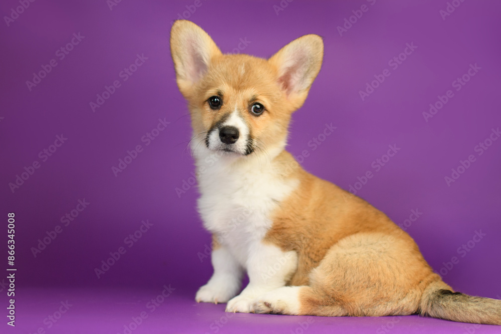 Portrait of a Pembroke Welsh Corgi on a purple background Portrait of a Pembroke Welsh Corgi on a purple background