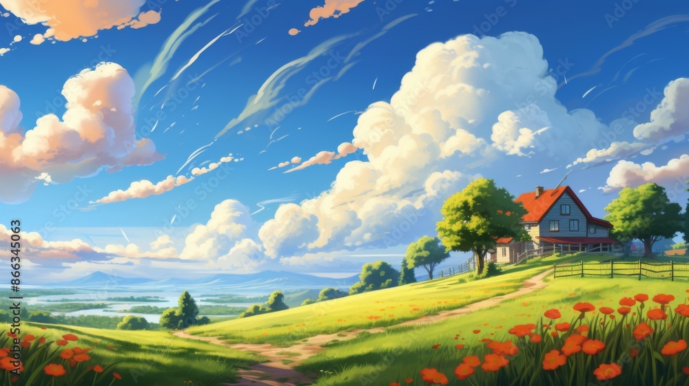 Fototapeta premium Idyllic countryside landscape with red farmhouse, blooming poppies, and rolling hills. Tranquil rural scene perfect for nature, travel, or lifestyle themes.