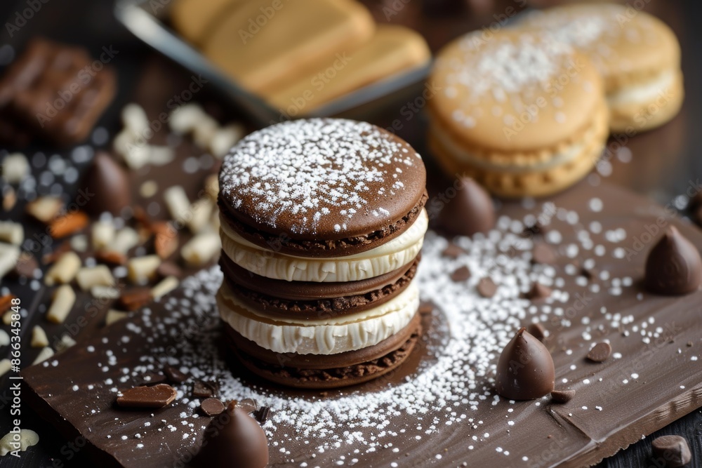 chocolate and other flavors of vegan alfajores desserts, gourmet assortment of Mexican or Argentinian alfajor desserts at white minimal kitchen. Hispanic Latin American cuisine chocolate and other flavors of vegan alfajores desserts, gourmet assortment of Mexican or Argentinian alfajor desserts at white minimal kitchen. Hispanic Latin American cuisine