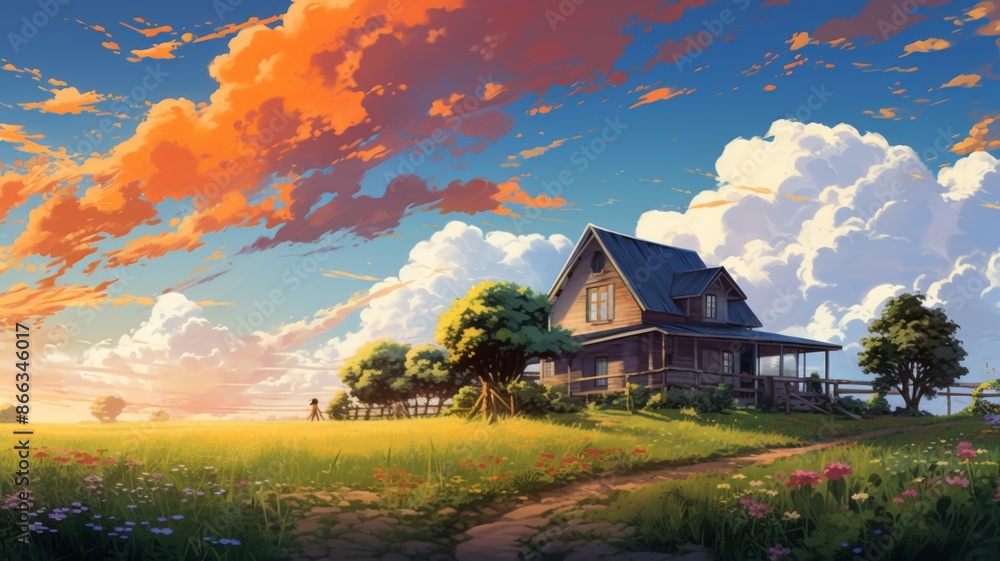 Idyllic Countryside Home at Sunset. A Serene Landscape Painting Idyllic Countryside Home at Sunset. A Serene Landscape Painting