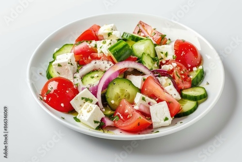 Greek salads, vegetables, Horiatiki salads with fresh tomatoes, cucumbers, onions, and feta cheese on plate, summer meal, white background