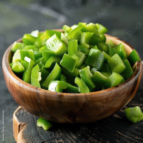 Green bell pepper pieces in a wooden bowl.