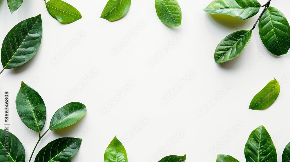 Fresh green leaves border on a white background Fresh green leaves border on a white background