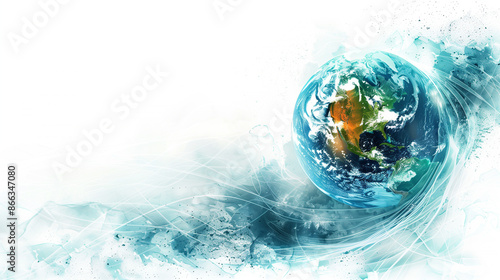 High-tech background with minimalist white backdrop and stylized Earth