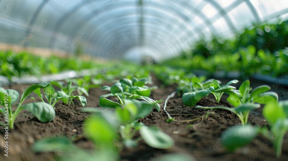 Greenhouse tunnel with young fresh organic vegetables. Plant nursery, Agriculture vegetable plantation, greenhouse for growing crops. Greenhouse tunnel with young fresh organic vegetables. Plant nursery, Agriculture vegetable plantation, greenhouse for growing crops.