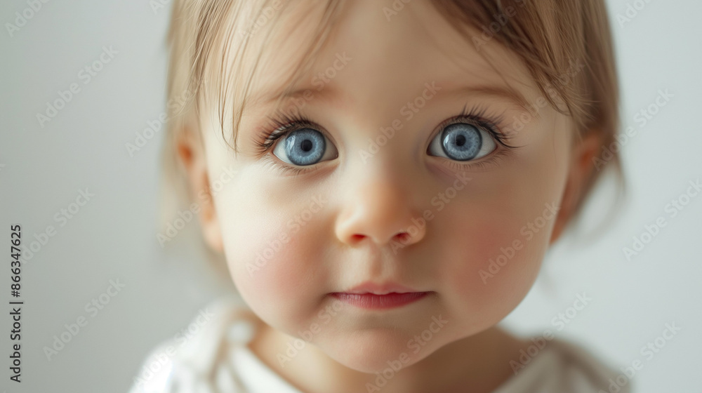 Close-up natural baby expressions with copy space, a close-up image of a baby with a playful look, set against a white or cream background Close-up natural baby expressions with copy space, a close-up image of a baby with a playful look, set against a white or cream background