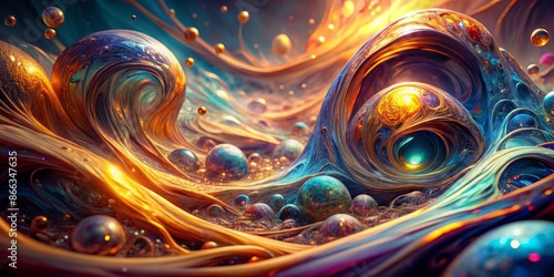 Vibrant, surreal generative art depicting a mesmerizing, iridescent liquid-solid fusion with an otherworldly, swirling texture that shimmers like molten metal in a futuristic dreamscape. photo