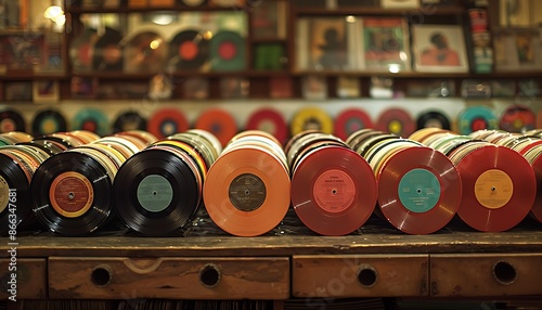 Vintage vinyl records on shelf in music shop, retro toned