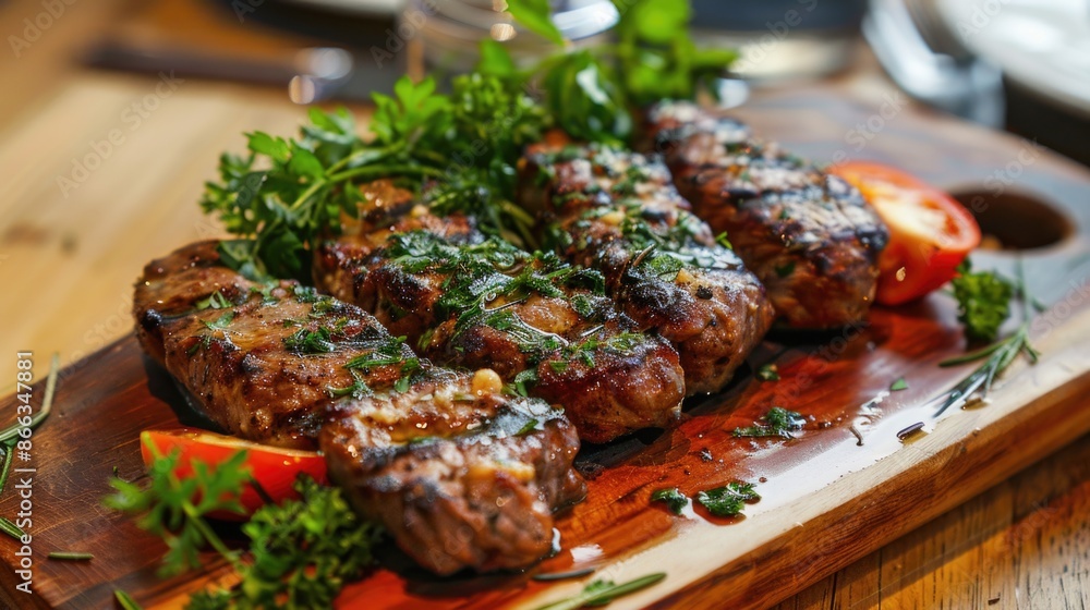Grilled meat with herbs and spices on a wooden board in a restaurant