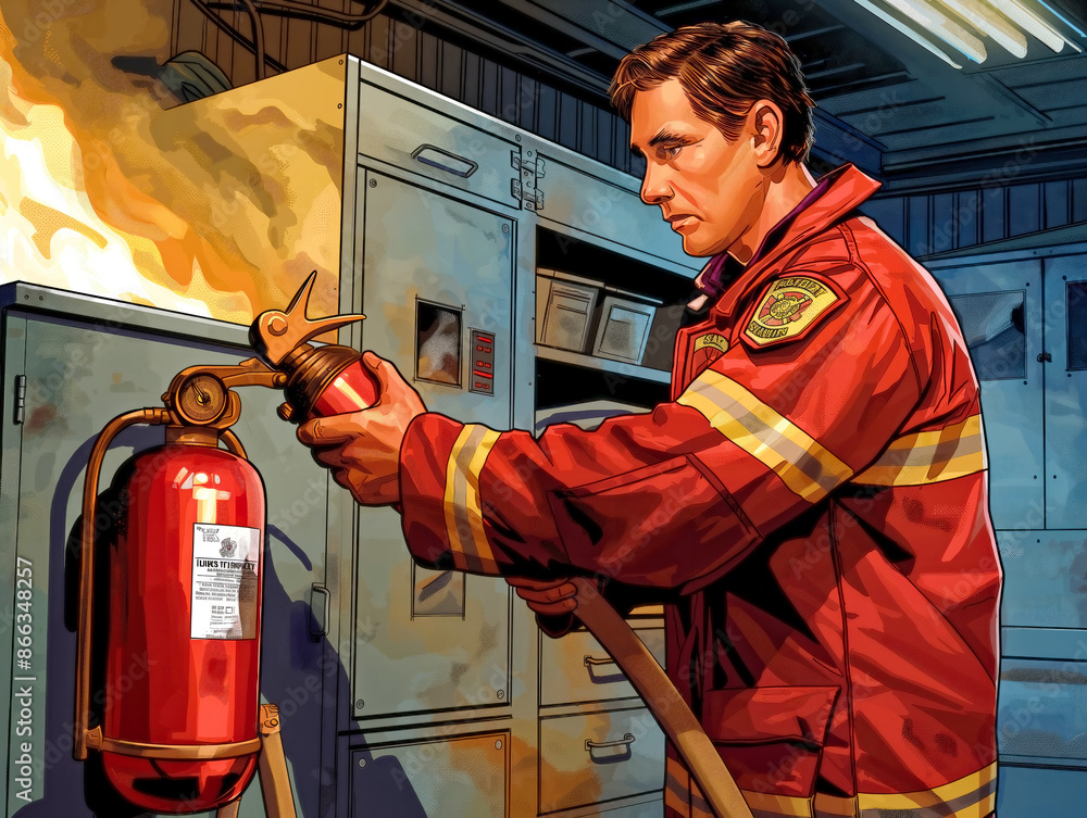 A firefighter in a red uniform is demonstrating how to use a fire ...