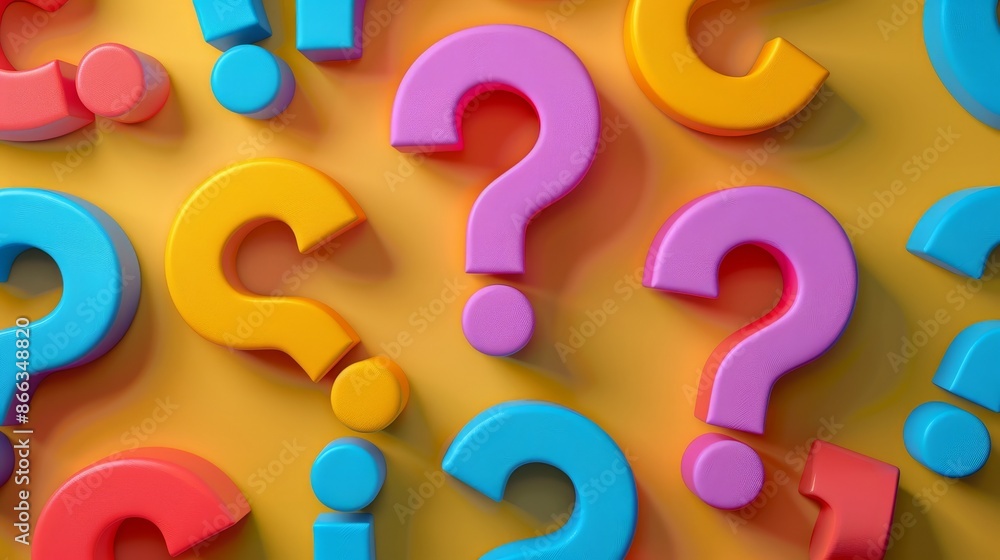 A colorful array of questions are displayed on a yellow background A colorful array of questions are displayed on a yellow background