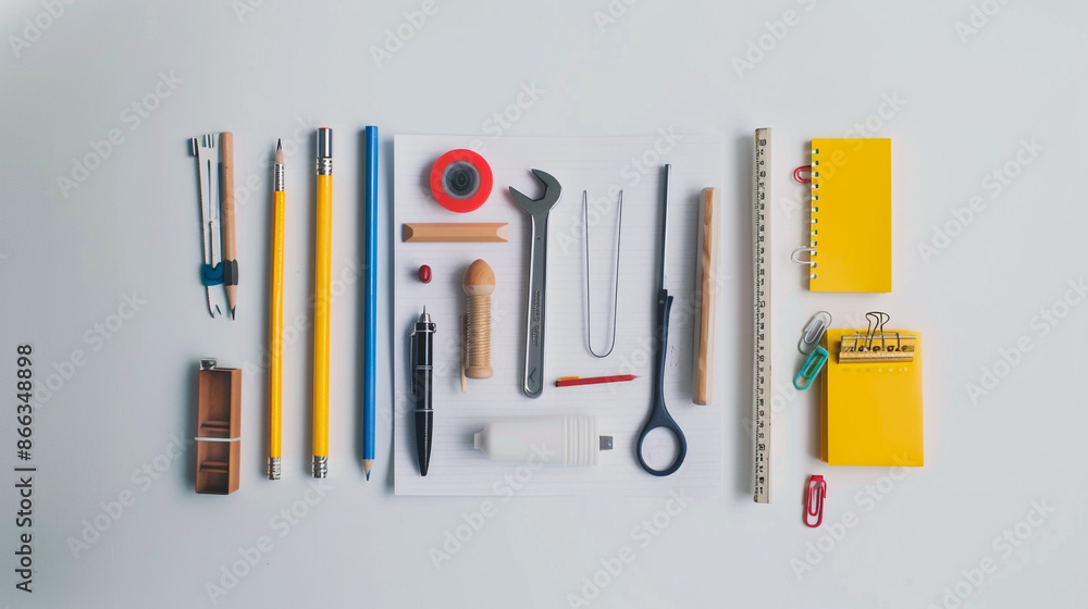 Minimalistic back-to-school tools arranged in a neat square on a white canvas. Minimalistic back-to-school tools arranged in a neat square on a white canvas.