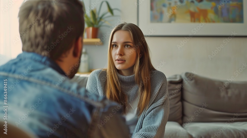 Casual conversation in a cozy living room. A woman with long hair and a man in a denim jacket are talking. Contemporary home setting with artistic decor. Great for lifestyle or candid moments. AI Casual conversation in a cozy living room. A woman with long hair and a man in a denim jacket are talking. Contemporary home setting with artistic decor. Great for lifestyle or candid moments. AI