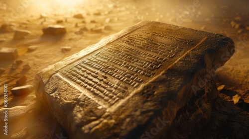 Realistic depiction of ten commandments on stone tablets from exodus for in depth examination