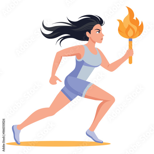 Torchbearer, vector illustration of running athletic woman with Olympic flame.Olympic games