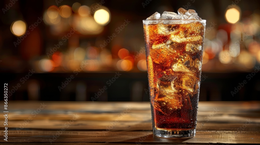 Glass of cola with ice cubes on wooden table in a bar. Refreshing cold drink. Glass of cola with ice cubes on wooden table in a bar. Refreshing cold drink.