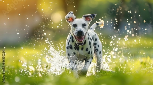 Happy dalmatian dog running through splasing water in a green field on a beautiful summer day with natural sunlight photo