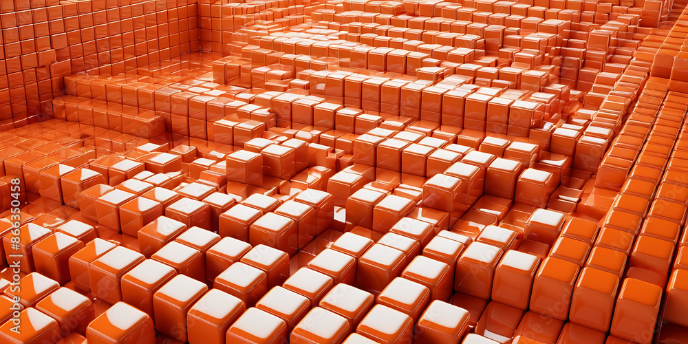 Fototapeta premium A landscape of densely packed orange cubes, some rising above others to create a dynamic, three-dimensional terrain. Perfect for technology, construction, or abstract backgrounds.