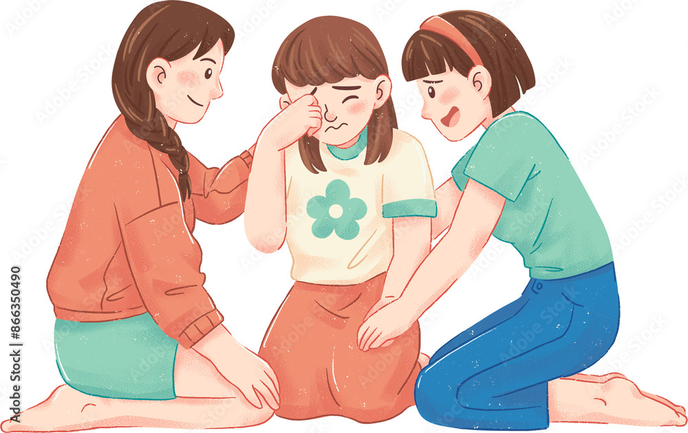 Woman is Encouraged by Her Friends After Being Bullied Illustration Woman is Encouraged by Her Friends After Being Bullied Illustration