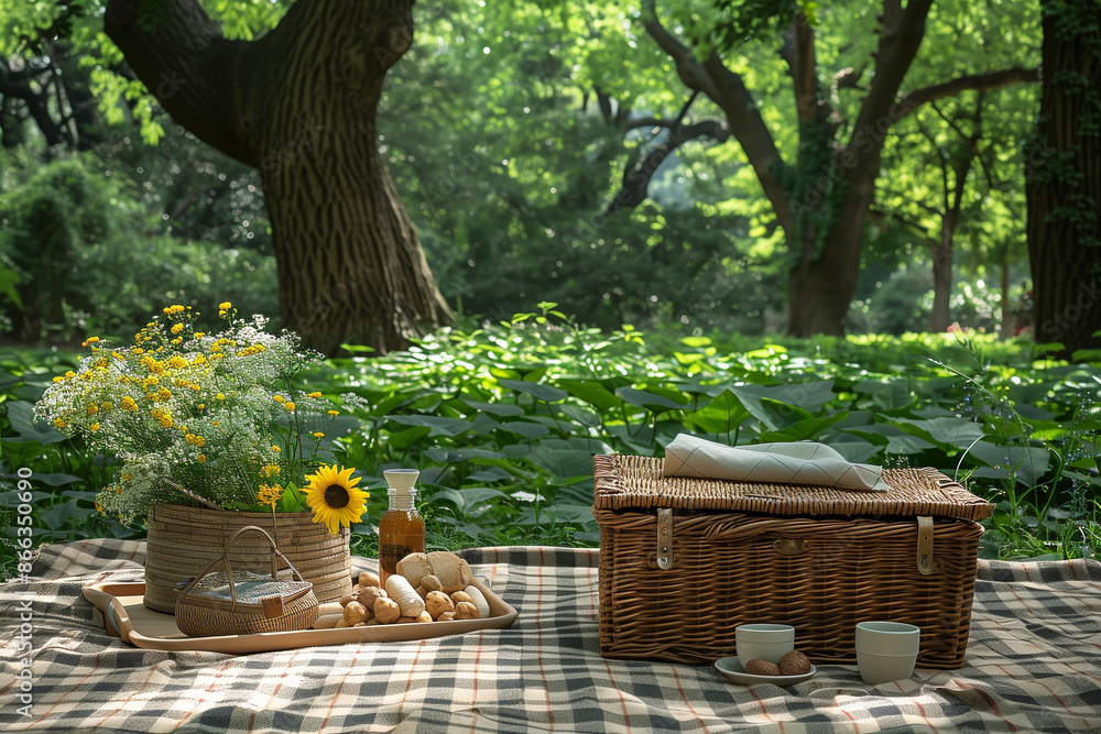 Picnic setup with a checkered blanket and wicker basket Picnic setup with a checkered blanket and wicker basket