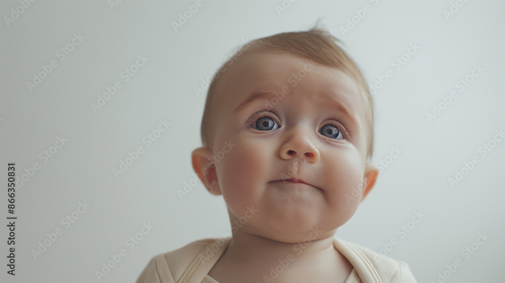 A close-up photo of a baby with an amused expression, with a minimalistic white or cream background. ensure copy space on the right A close-up photo of a baby with an amused expression, with a minimalistic white or cream background. ensure copy space on the right