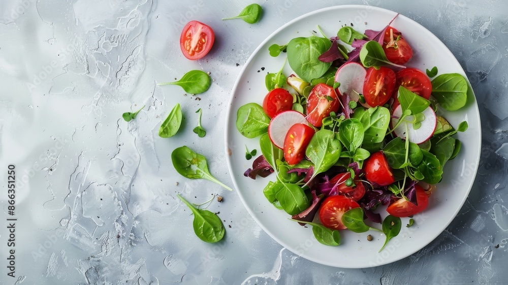 Fresh salad with spinach, cherry tomatoes, and radishes. Healthy vegetarian or vegan lunch idea. Fresh salad with spinach, cherry tomatoes, and radishes. Healthy vegetarian or vegan lunch idea.
