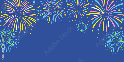 Modern simple style patriotic fireworks celebration 
background vector banner template for 4th of July, independence day, USA, holiday, exploding festival firework with blue red stars & sparks clipart