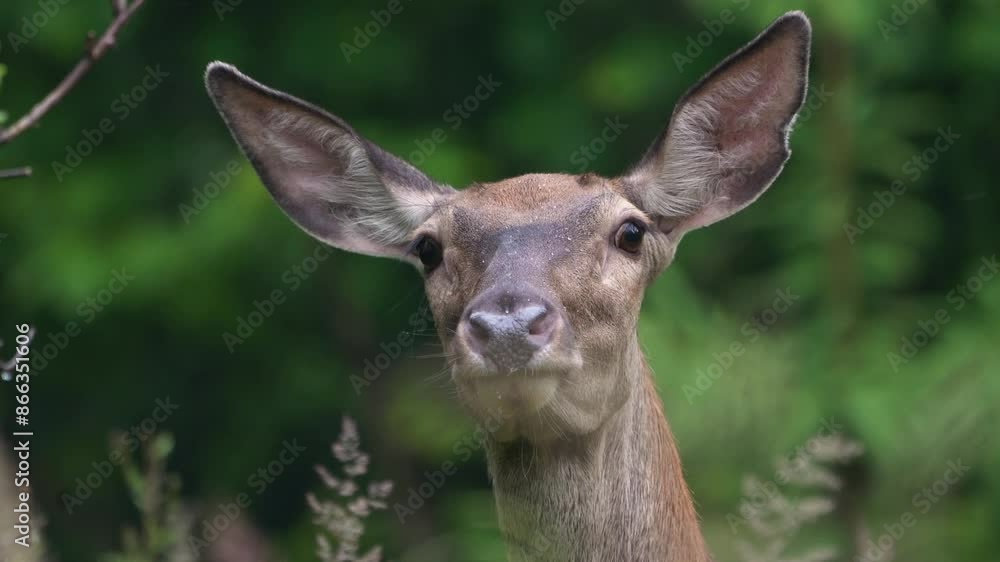 Reed deer doe licks salt in the forest.
