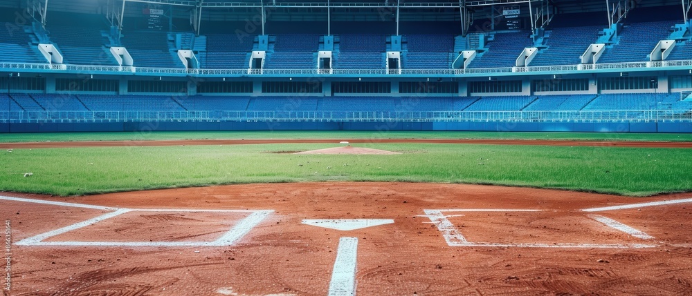 Obraz premium Baseball field with empty stands, sports news background, clear text area