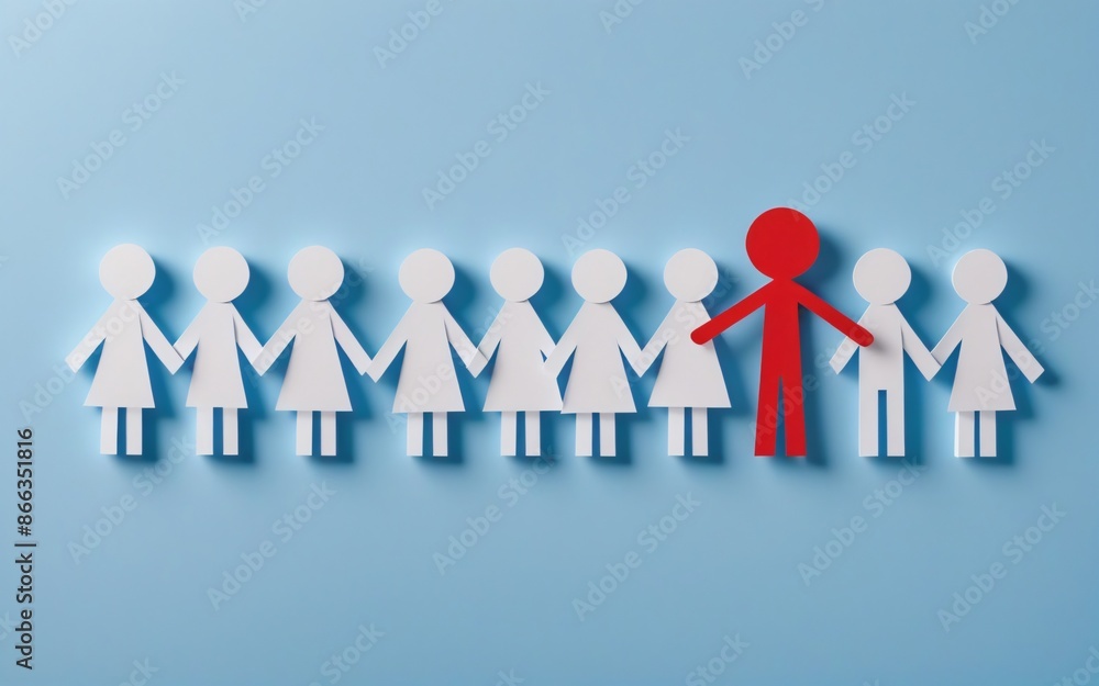 A red paper cut person standing between white paper cut team, leadership, protection, isolated on blue background A red paper cut person standing between white paper cut team, leadership, protection, isolated on blue background