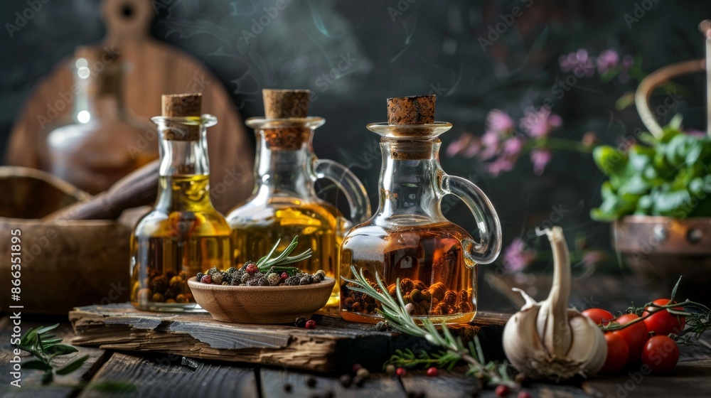 Herbal oils and spices in rustic kitchen setting Herbal oils and spices in rustic kitchen setting