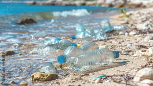 Beach littered with plastic bottles and bags, coastal pollution, environmental concern