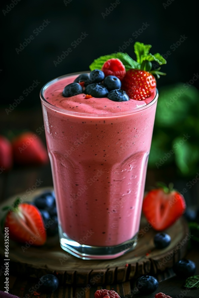 Berry Blast Smoothie: A close-up shot of a fresh mixed berry smoothie in a clear glass, topped with fresh strawberries, blueberries, and a sprig of mint. Berry Blast Smoothie: A close-up shot of a fresh mixed berry smoothie in a clear glass, topped with fresh strawberries, blueberries, and a sprig of mint.
