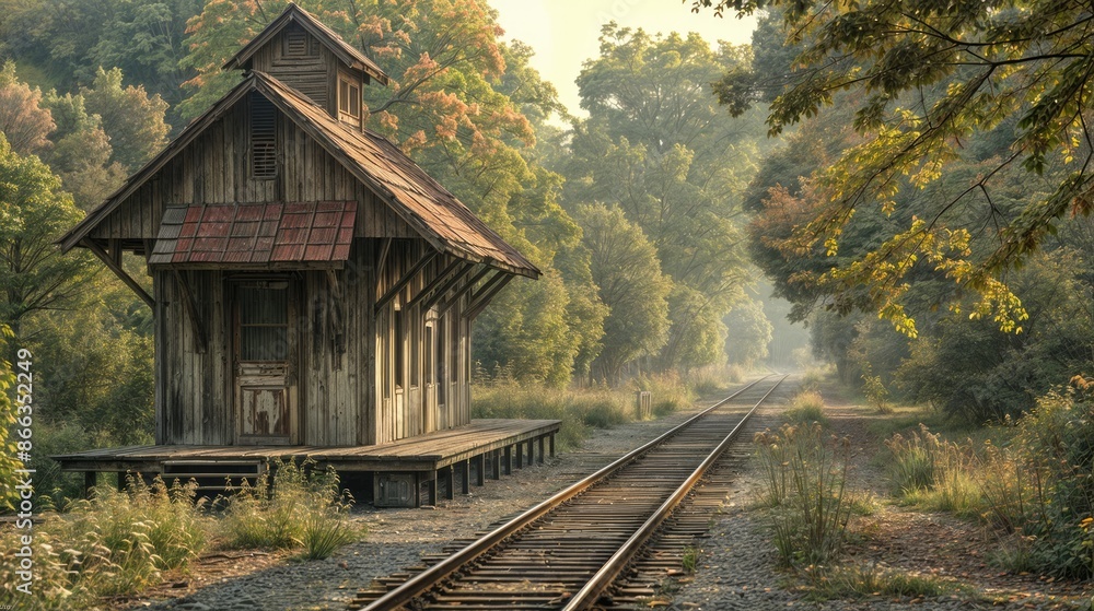 An old, wooden train station, adjacent to the railroad tracks, blending into the rural village landscape. An old, wooden train station, adjacent to the railroad tracks, blending into the rural village landscape.