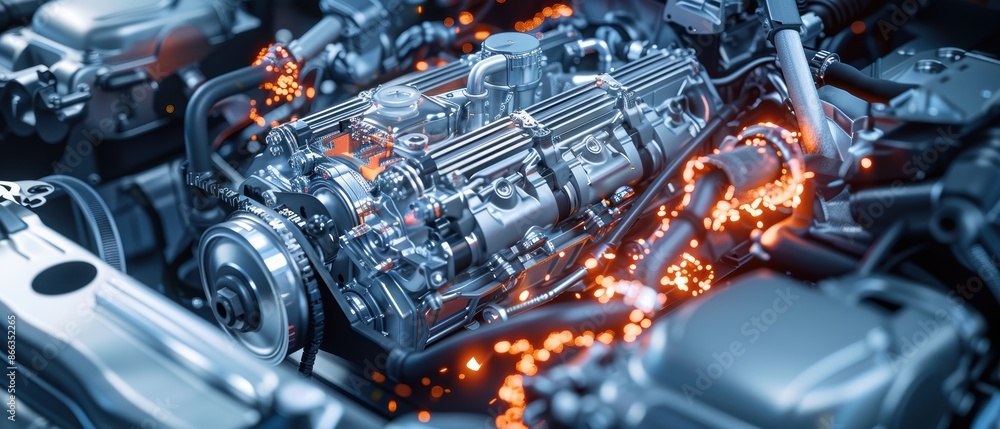 Car engine with components highlighted, fuel efficiency, mechanical innovation Car engine with components highlighted, fuel efficiency, mechanical innovation
