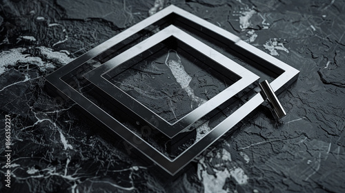 Minimalistic engineering tools forming a perfect square on a black marble surface.