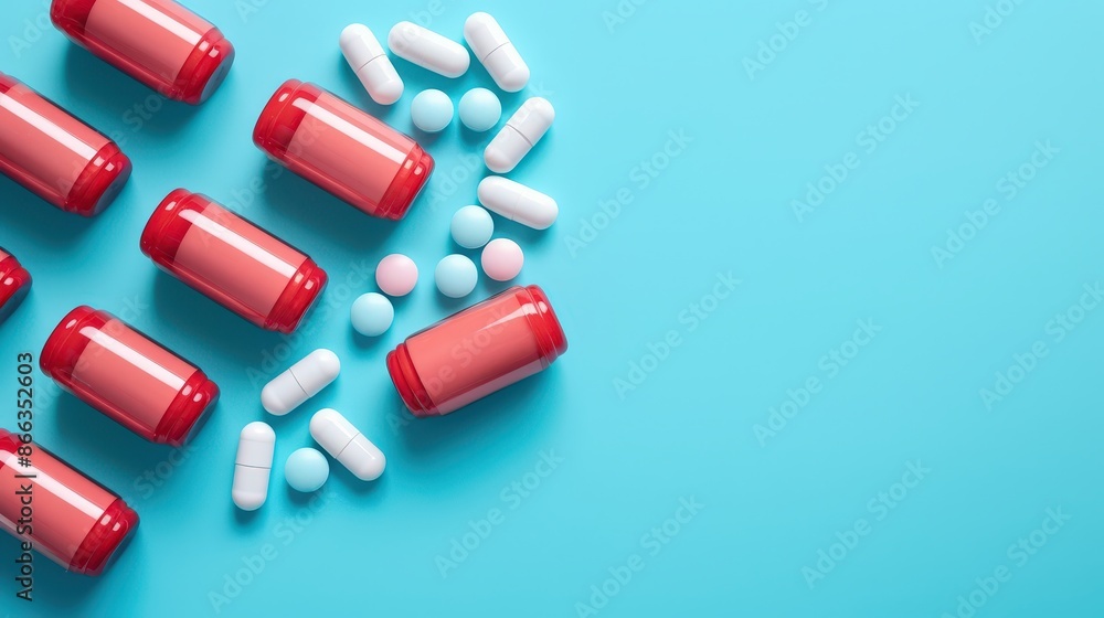 Red Pill Bottles and Assorted Pills on Blue Background Red Pill Bottles and Assorted Pills on Blue Background