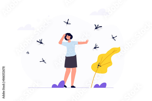 Swarm of mosquitoes attacking, fearing bites and the risk of contracting malaria concept. Vector illustration.
