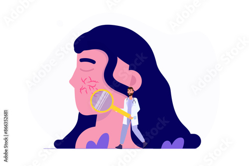 Woman Face with couperose or rosacea concept. Vector flat illustration isolated white background.